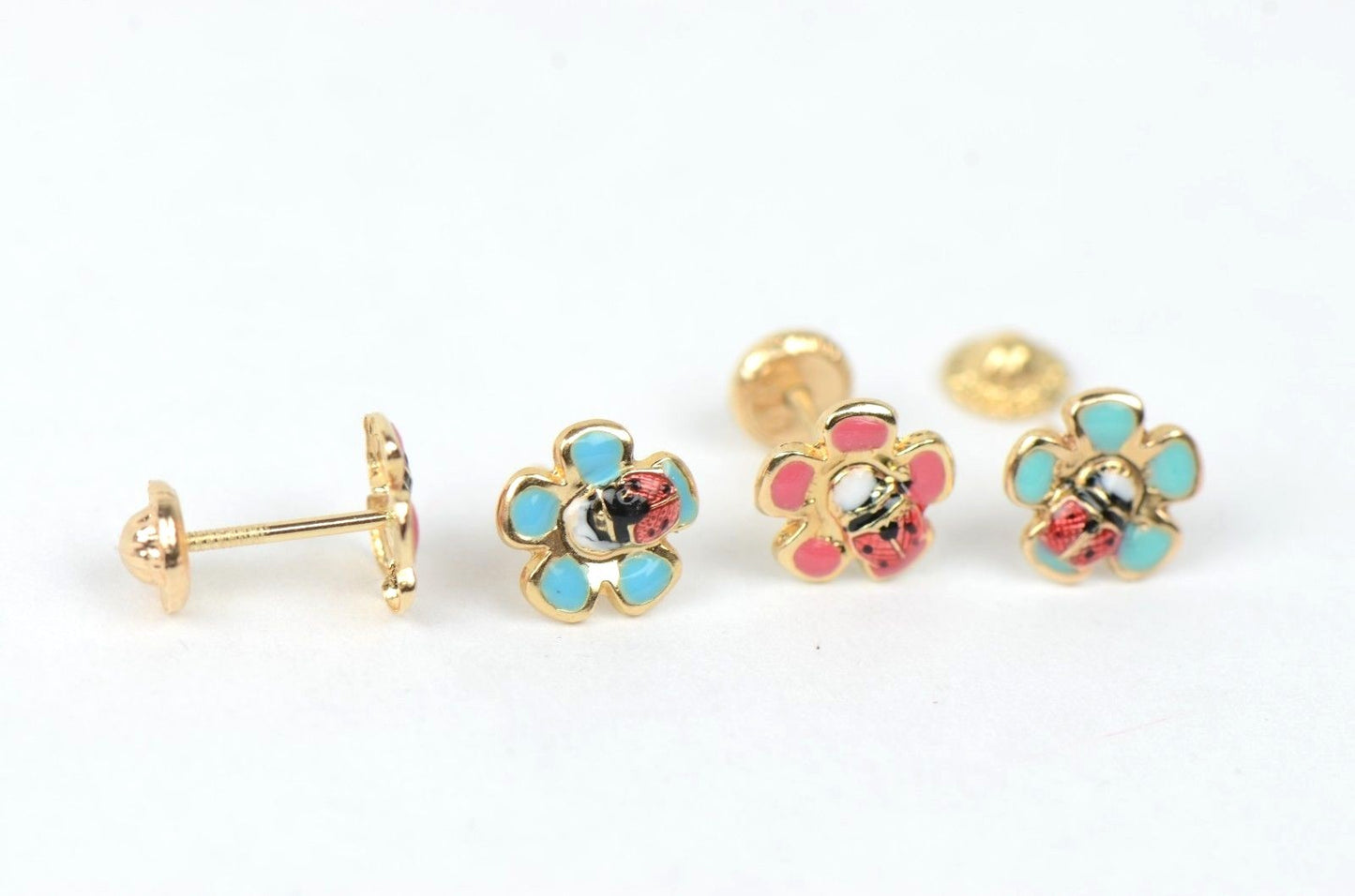14k Yellow Gold Baby Enamel Flower earrings, Screw Back