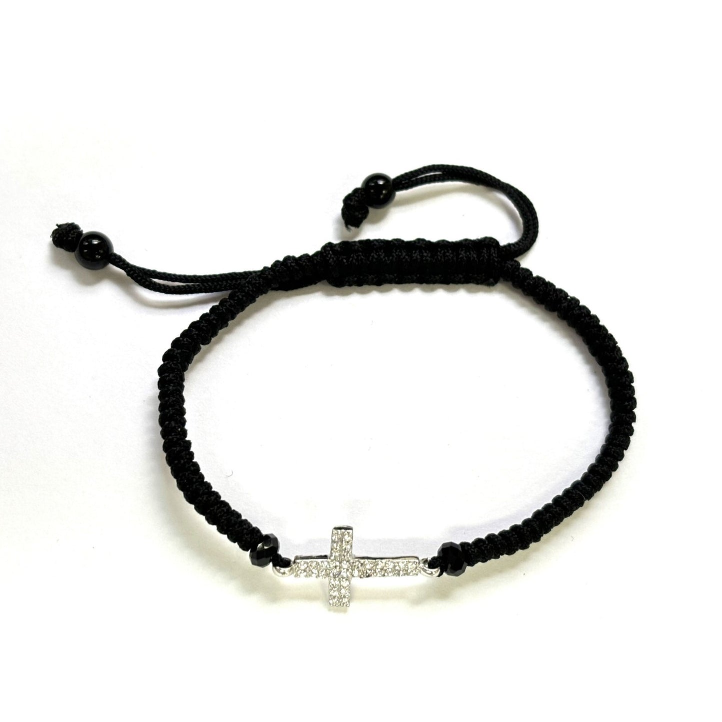 925 Sterling Silver String CZ Bracelet Cross 6" Adjustable to 11"