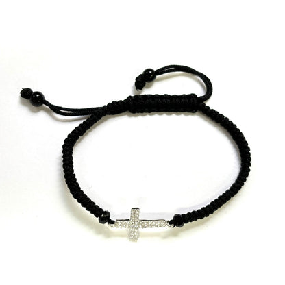 925 Sterling Silver String CZ Bracelet Cross 6" Adjustable to 11"