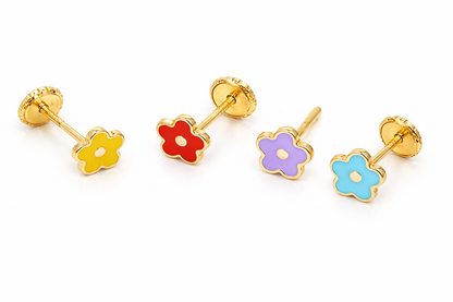 14k Yellow Gold Enamel Flower Screw Back Baby earrings