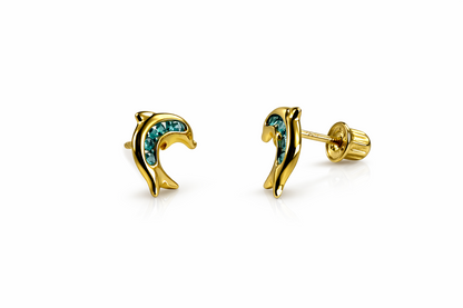 14k Yellow Gold CZ Dolphin Stud Earring