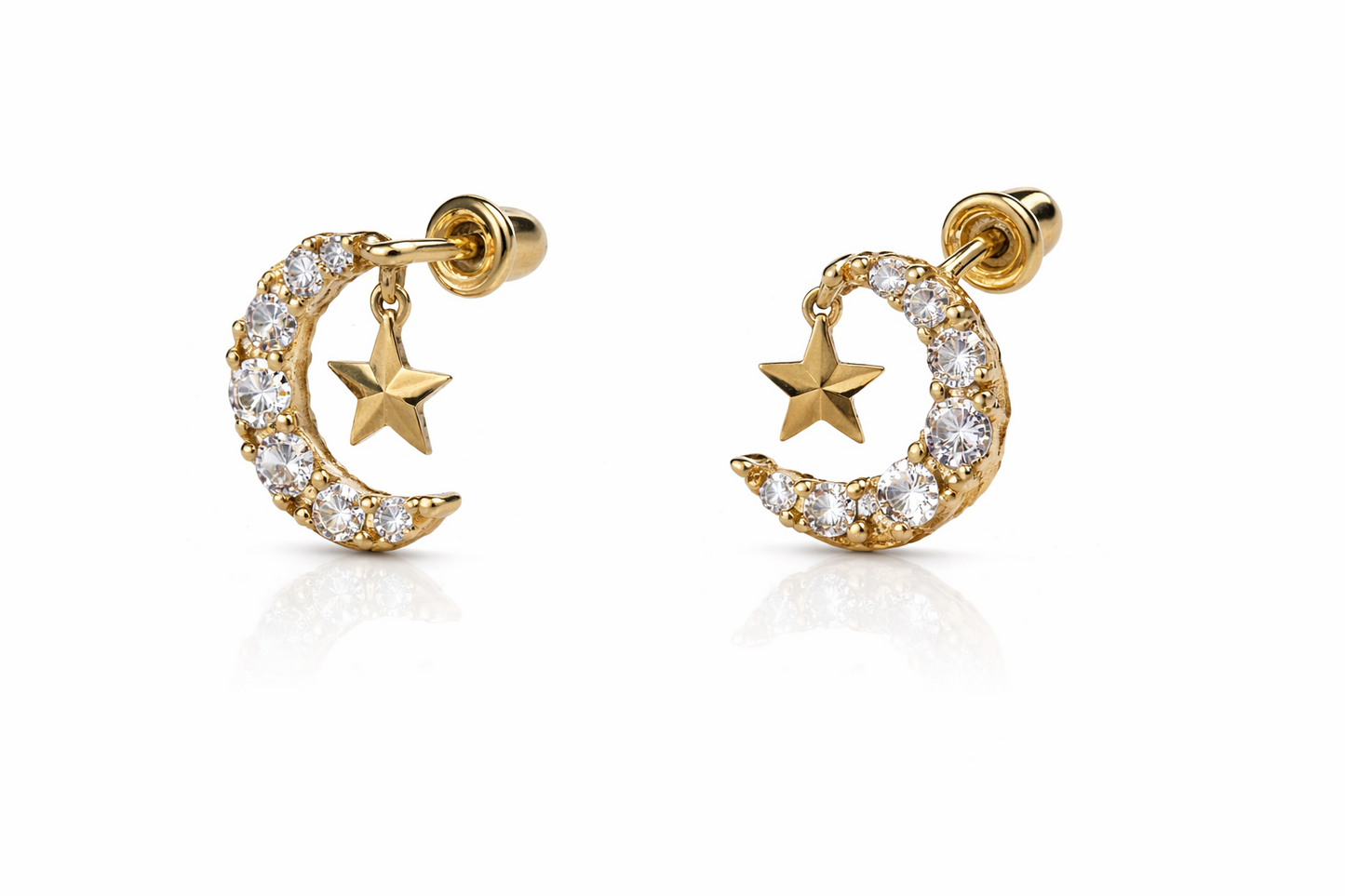 14k Yellow or White Gold Moon & Star Stud Earrings
