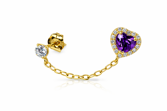 14k Yellow Gold Halo Heart CZ Stud Earrings with chain Push back