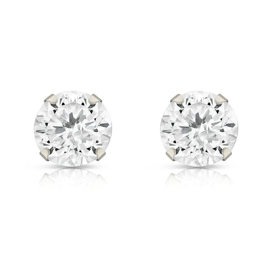 14k White gold round bright clear CZ martini prong set stud earrings1.5-10mm