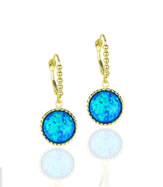 14k-Yellow-Gold-Opal Flat Dangle Leverback Earrings