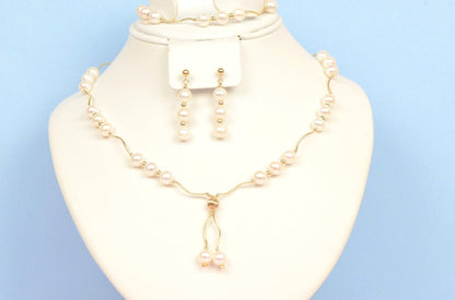14K Yellow Gold Natural genuine White Pearl Necklace, Bracelet, Earrings Set