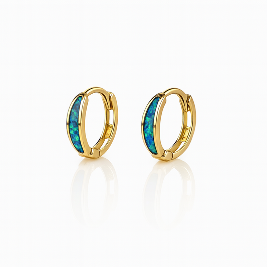 14k Yellow Gold Dark Green Opal Huggie Hoop Earrings