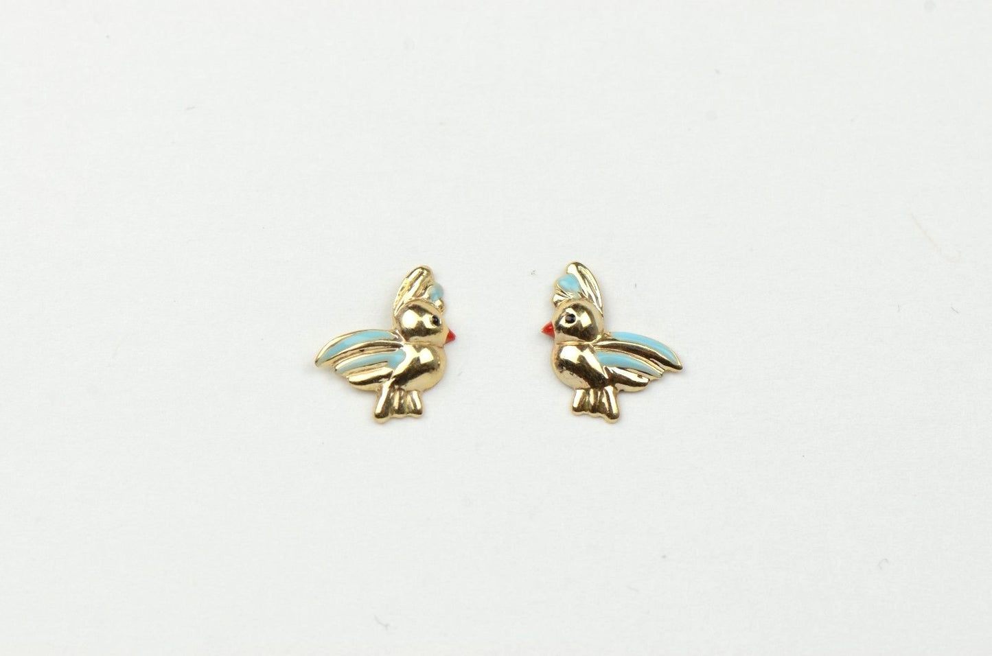 14k Yellow Gold Beautiful Enamel Bird Baby Earrings, Screw Back