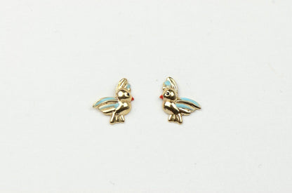 14k Yellow Gold Beautiful Enamel Bird Baby Earrings, Screw Back