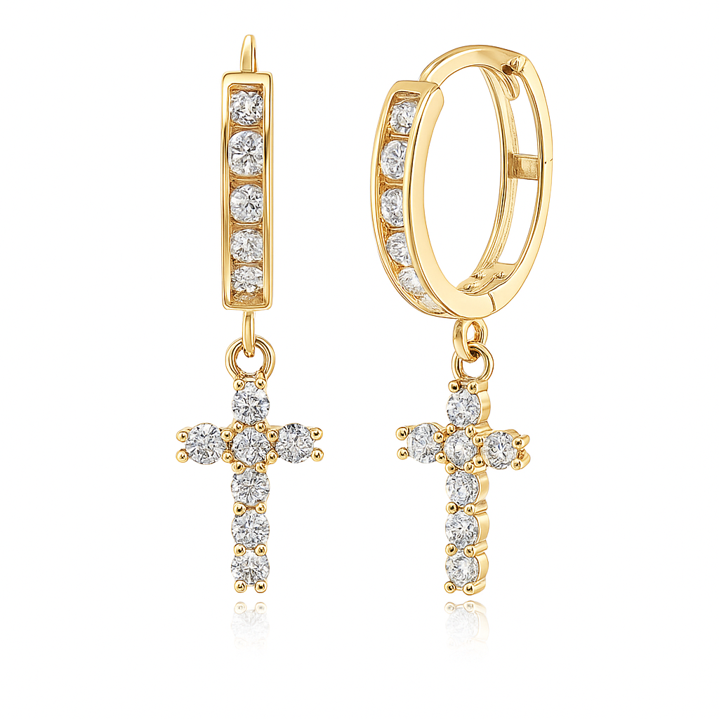 14k Yellow/White Gold Cross Dangle Hoop Huggie CZ Earrings