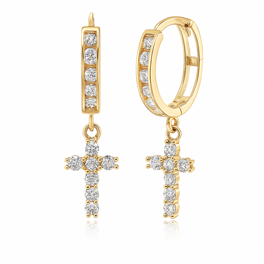 14k Yellow/White Gold Cross Dangle Hoop Huggie CZ Earrings