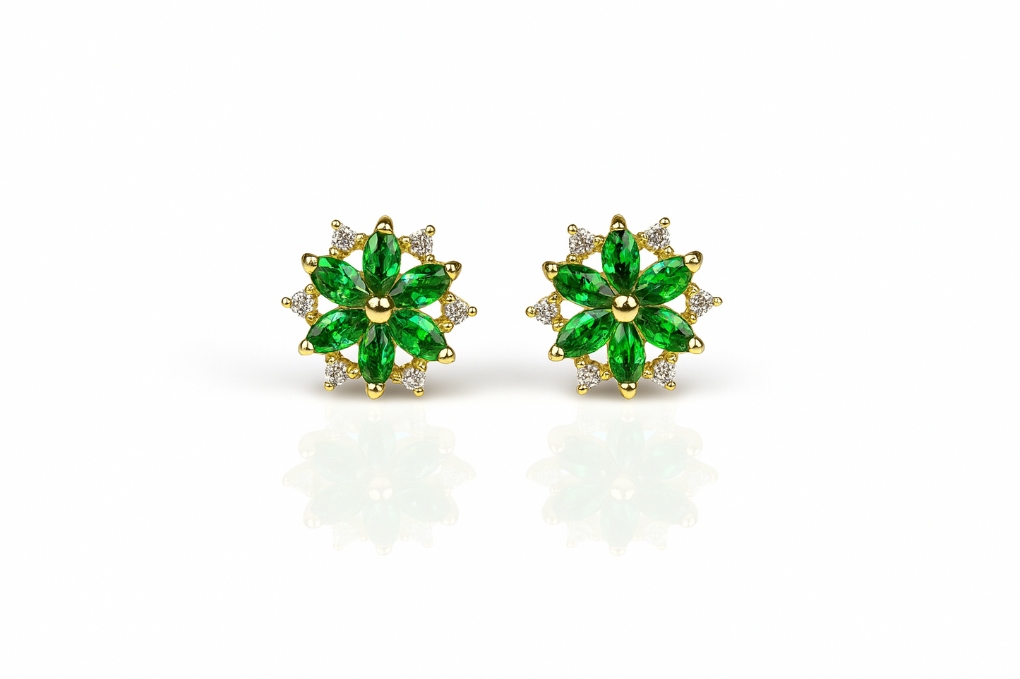 14K  Yellow Gold Beautiful CZ Flower Stud Earrings for Women