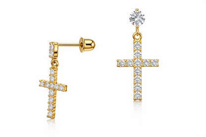 14K Yellow or White Gold Cubic Zirconia CZ Cross Dangle Earrings