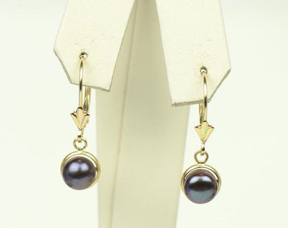 14k Yellow Gold Black Natural Pearl Dangle Earrings