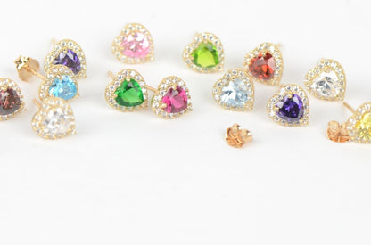 14k Solid Yellow Gold Halo Heart Stud Earrings with Push Back