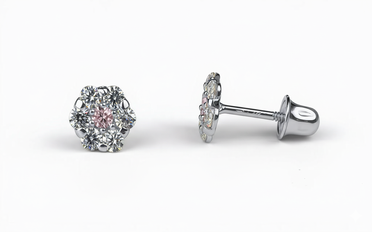 14K White Gold Flower Shaped  Screw Back Stud Earrings for Women