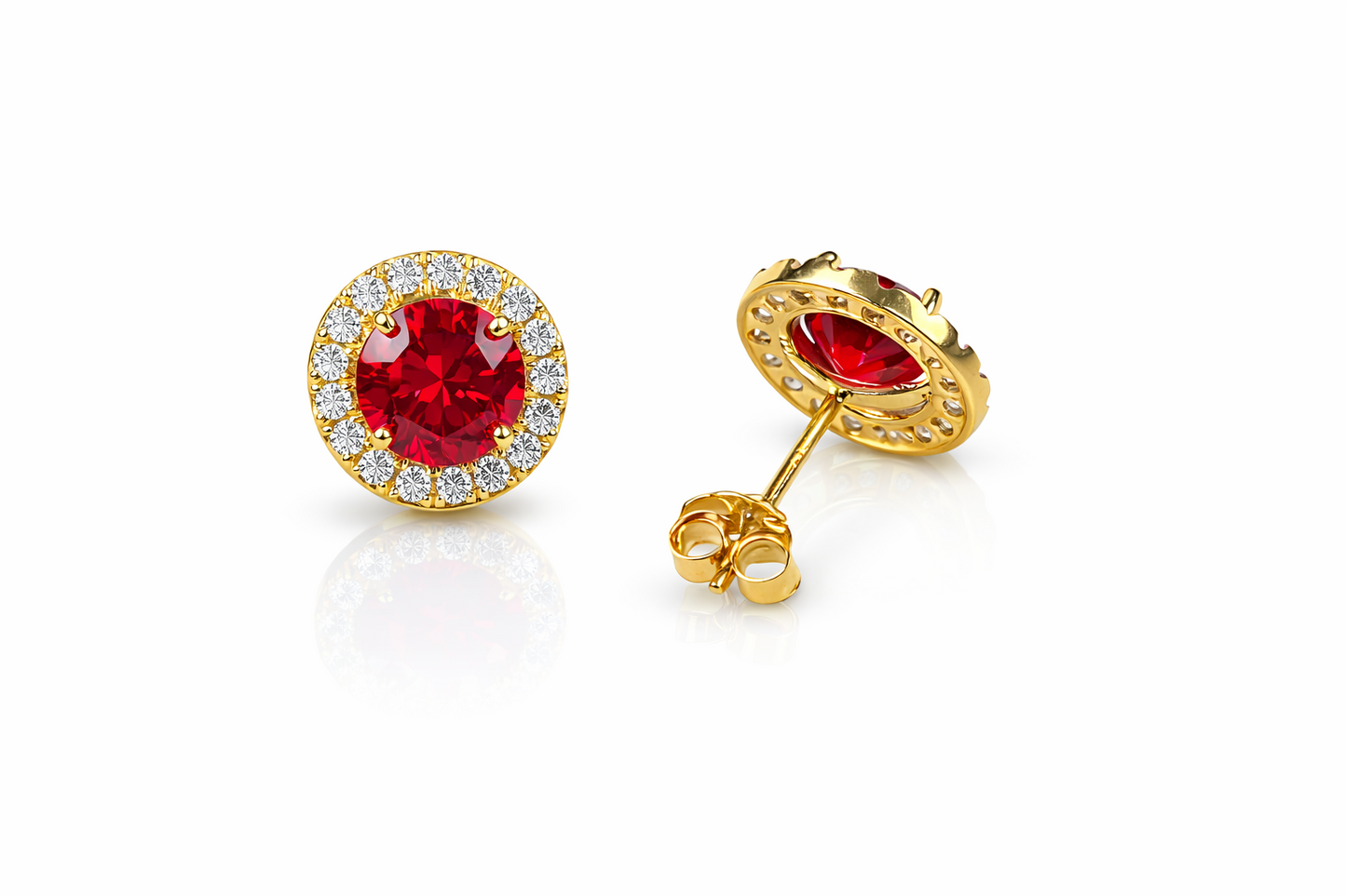 14K Solid Yellow Gold Round Halo CZ Stud Push Back Earrings