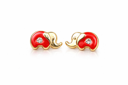 14k Yellow Gold Baby Enamel and CZ Elephant earrings, Screw Back