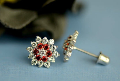 14k White Gold Flower Stud Earrings with screw back