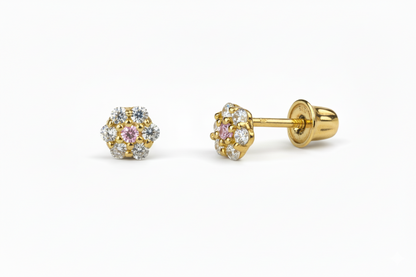 14K Yellow Gold Flower Shaped  Screw Back Stud Earrings for Women