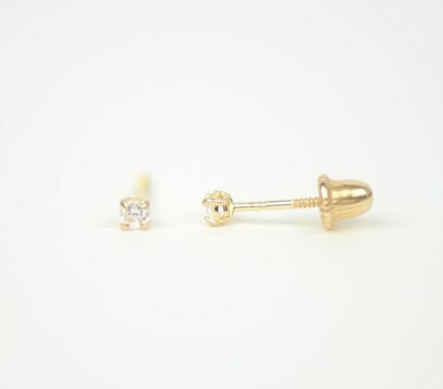 CZ Stud Earring Round cut in 14k yellow gold Screw back