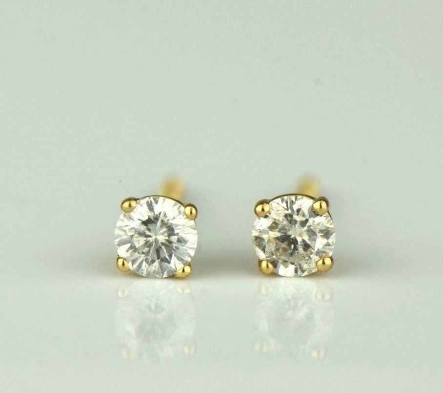 14k Yellow Gold Round Diamond Stud Earring with Screw Back .25 PT Tw.