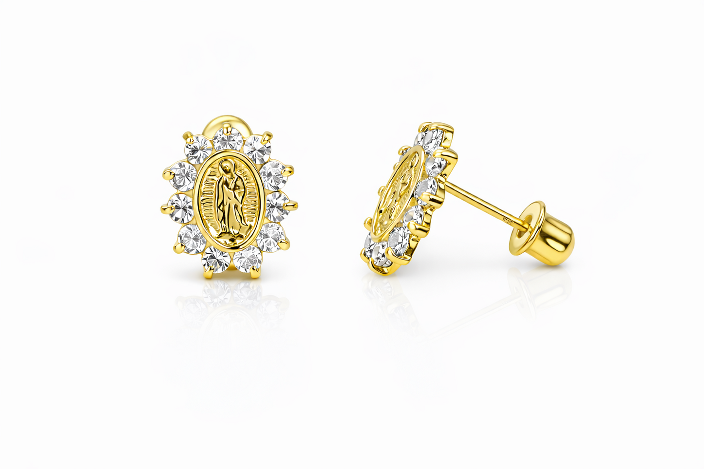 14K Solid Yellow Gold Guadalupe Virgin Mary Screw Back CZ Stud Earrings