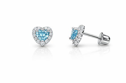 14K White Gold Halo Heart CZ Stud Earrings Screw Back