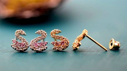 14k Solid White or Yellow Gold Swan Earrings with CZ