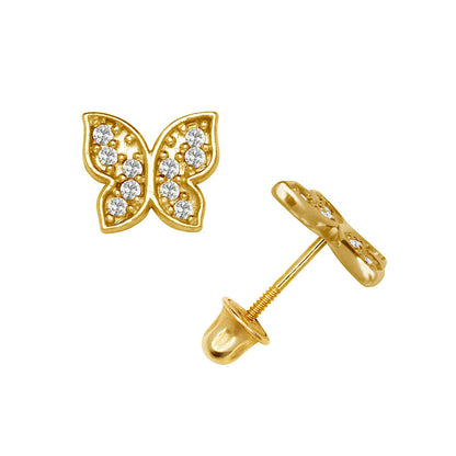14K Yellow & White Gold CZ  Pretty Butterfly Studs Earrings for Girls