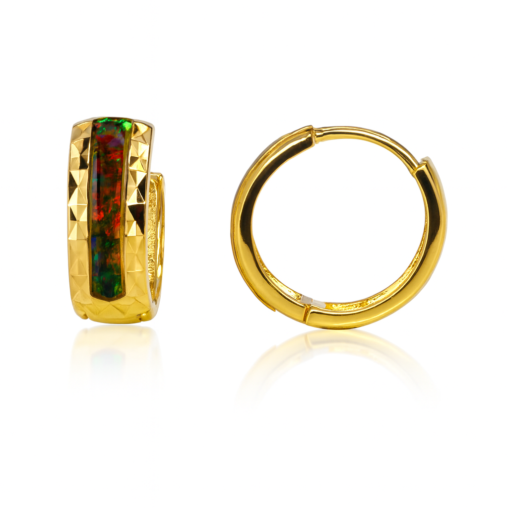 14k Yellow Gold Black Opal Huggie Hoop Earrings