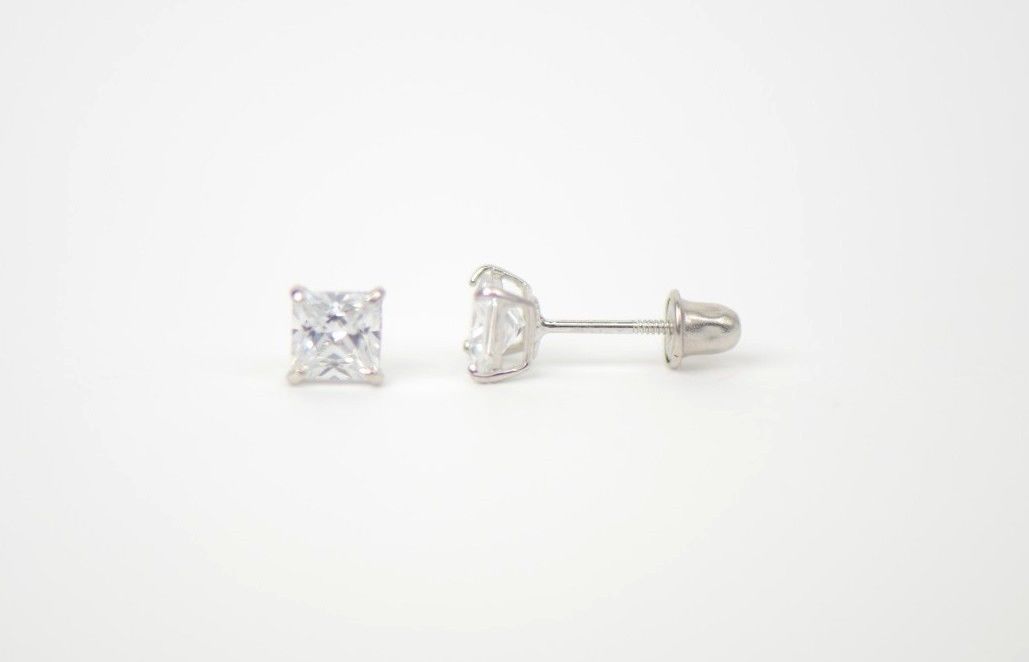 14k White Gold Square Princess Cut CZ Stud Earrings with screw back 3-7mm