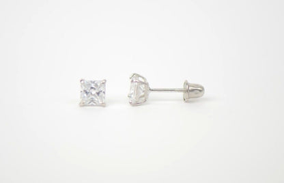 14k White Gold Square Princess Cut CZ Stud Earrings with screw back 3-7mm