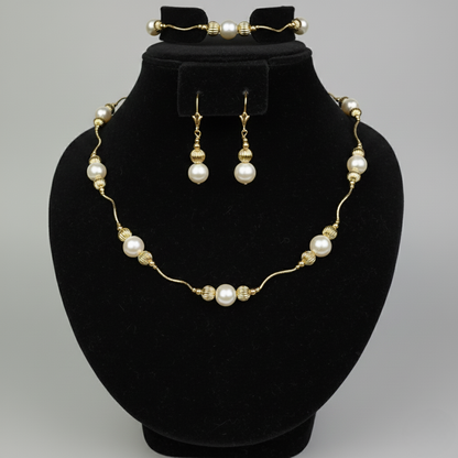14K Yellow Gold Genuine White Pearl Jewelry Sets for Women Elegant Jewelry Gift