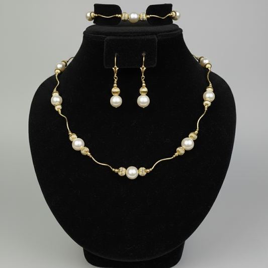14K Yellow Gold Genuine White Pearl Jewelry Sets for Women Elegant Jewelry Gift