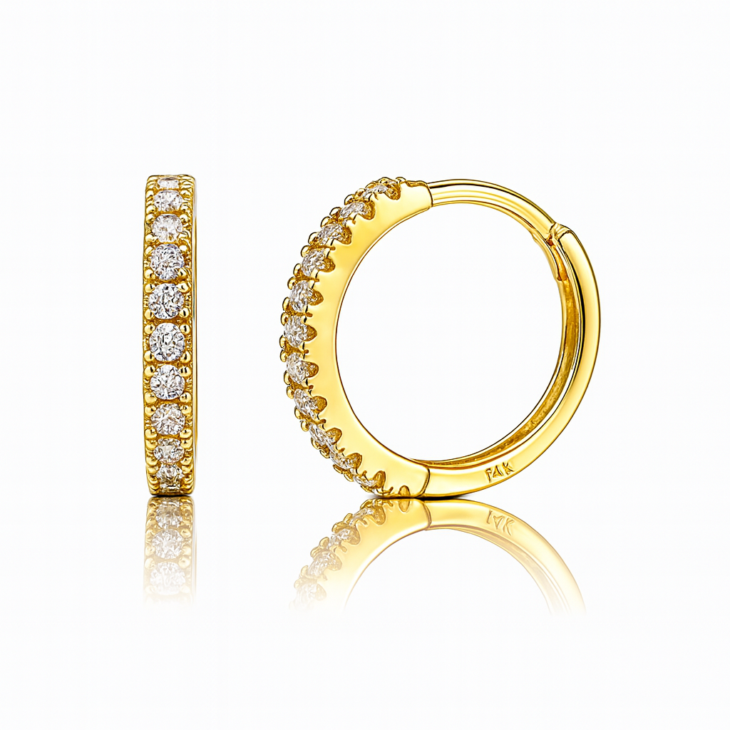 14k Yellow and White Gold CZ Huggie Hoop Earrings
