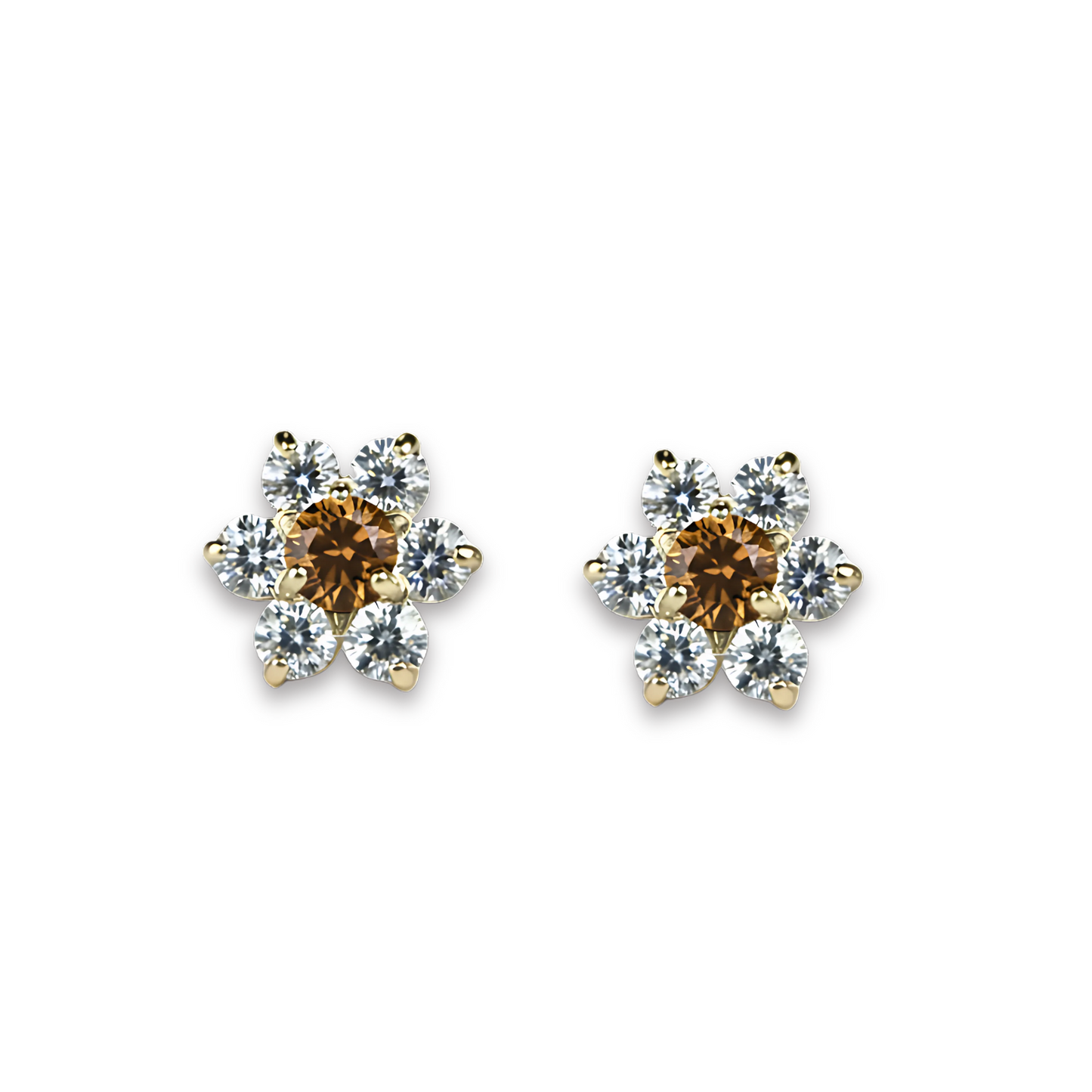 14K Yellow Gold Beautiful Flower CZ Stud Earrings for Women