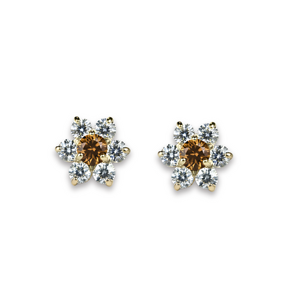 14K Yellow Gold Beautiful Flower CZ Stud Earrings for Women
