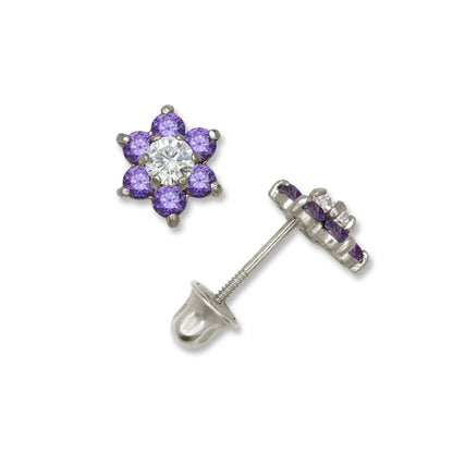 14k White Gold CZ Flower Birthstone Stud Screw Back Earrings
