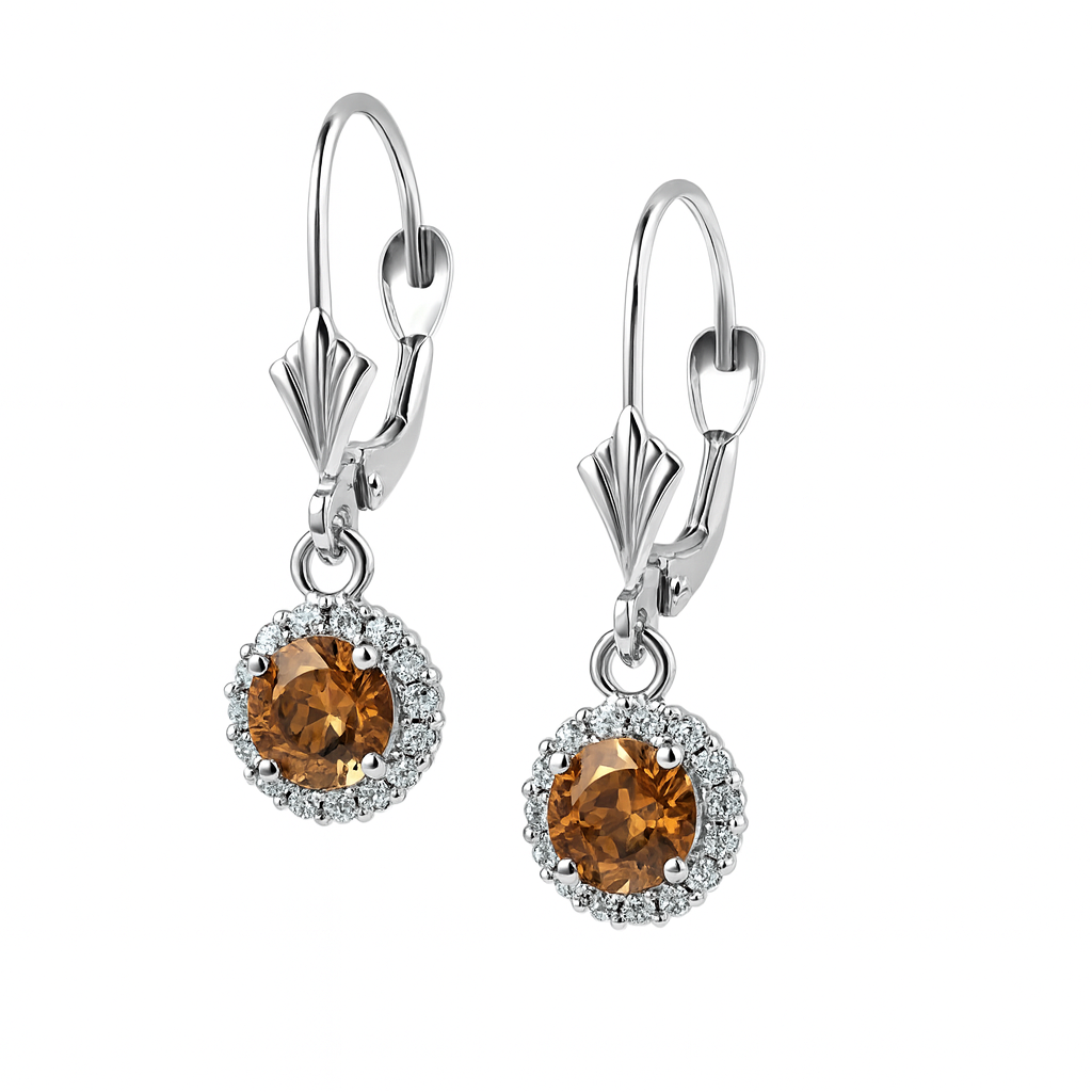 14k White Gold Halo Dangle Round Leverback Pierced Earrings Birthstone