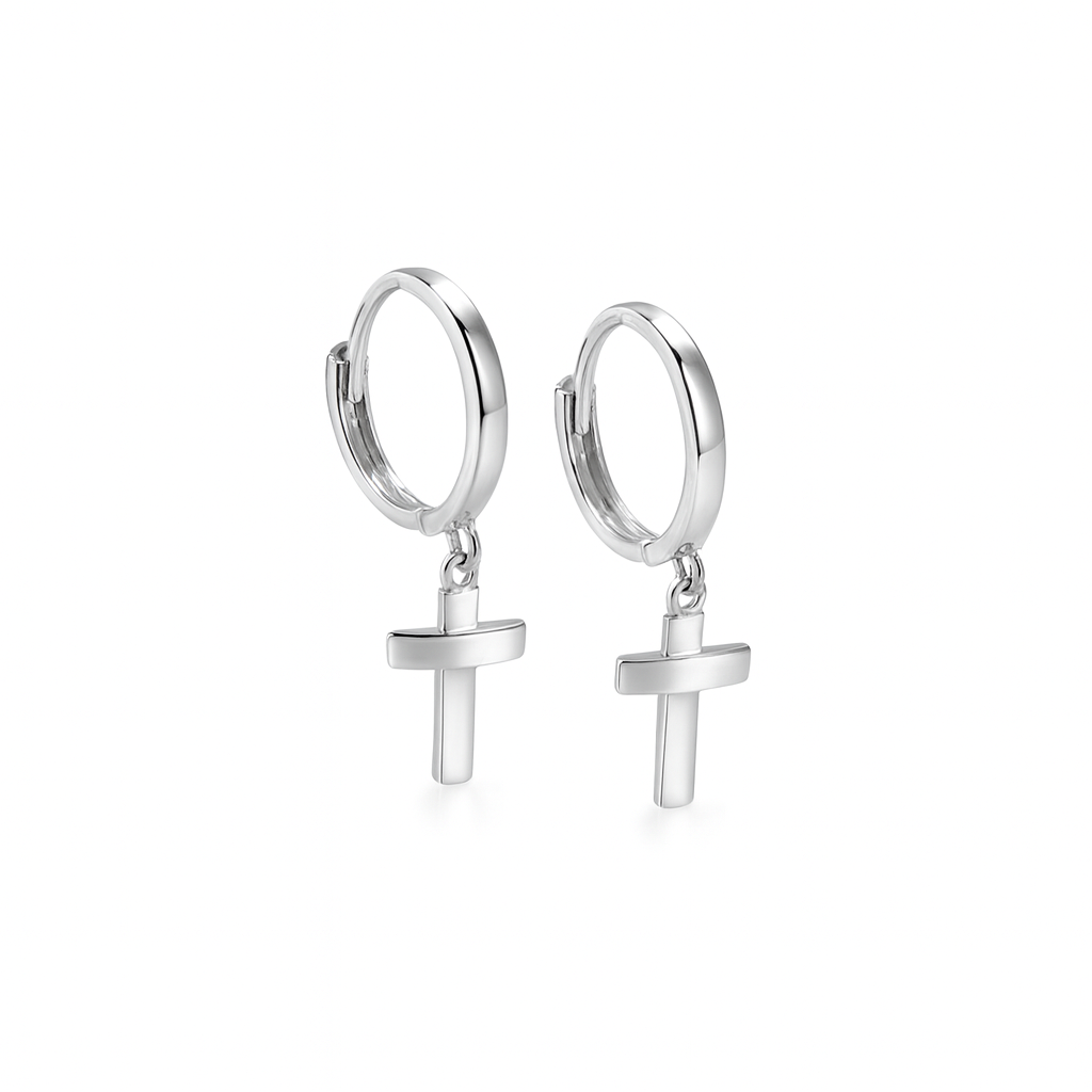 14k Yellow/White Gold Cross Dangle Hoop Huggie Earrings