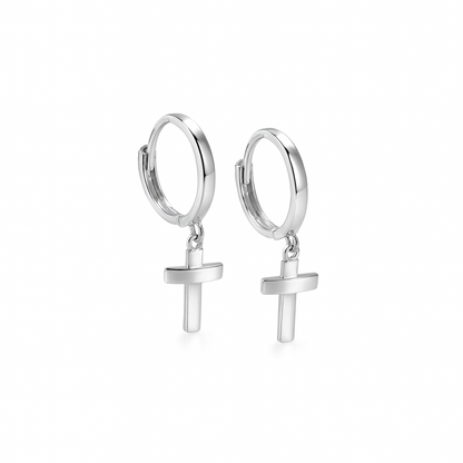 14k Yellow/White Gold Cross Dangle Hoop Huggie Earrings