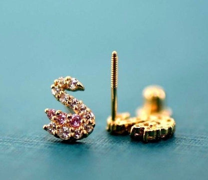 14k Solid White or Yellow Gold Swan Earrings with CZ