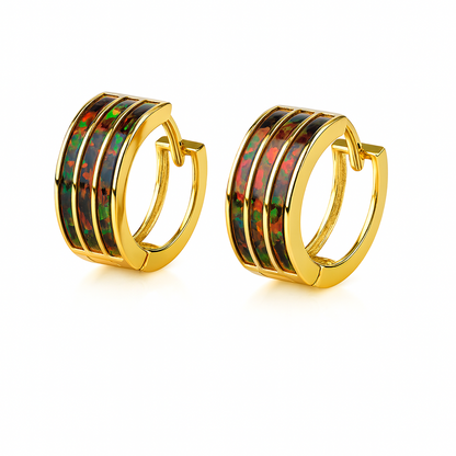 14k Yellow Gold Triple Row Black Opal Huggie Hoop Earrings