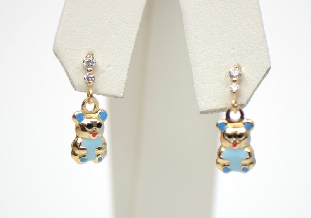 14K Solid Yellow Gold Teddy Bear Dangle Earring with Enamel
