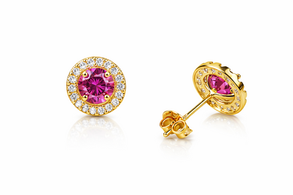 14k Yellow Gold Halo Stud Earrings with Push Back