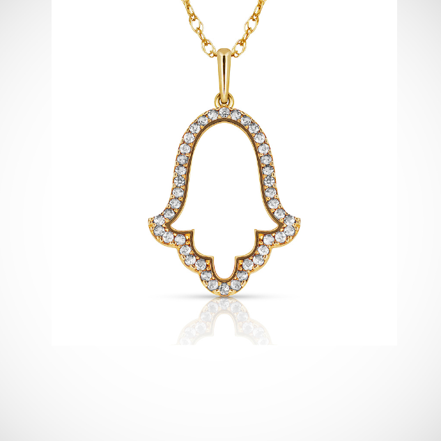 Hamsa Hand Evil Eye Charm Pendant For Women Simulated CZ Crystal 14k Yellow Gold
