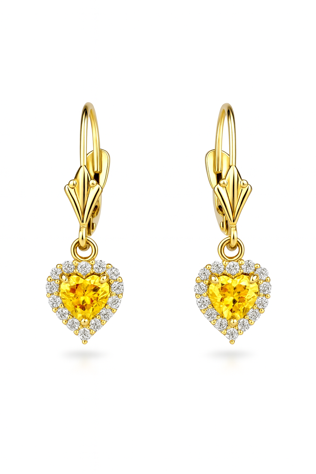 14k White Gold Halo Dangle Heart Leverback Pierced Earrings Birthstone