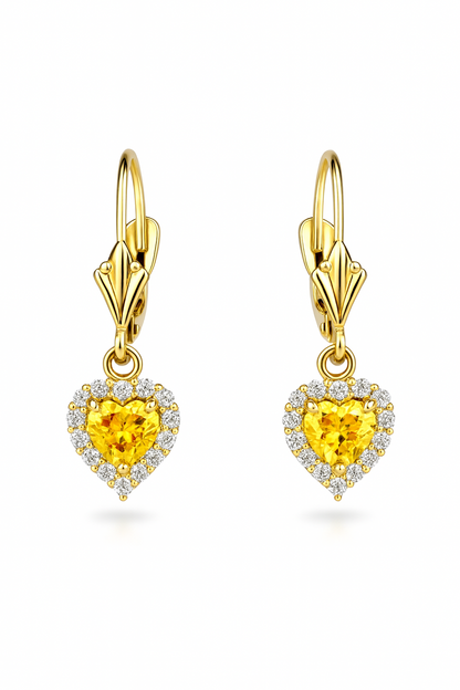 14k White Gold Halo Dangle Heart Leverback Pierced Earrings Birthstone