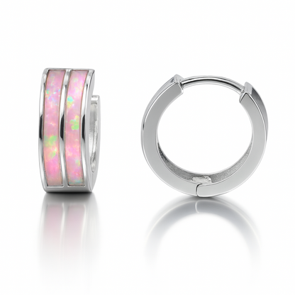 14k White Gold Double Row Light Pink Opal Huggie Hoop Earrings